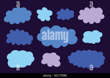 Cute colorful doodle cloud collection. Set of blue kid`s style clouds Stock Vector